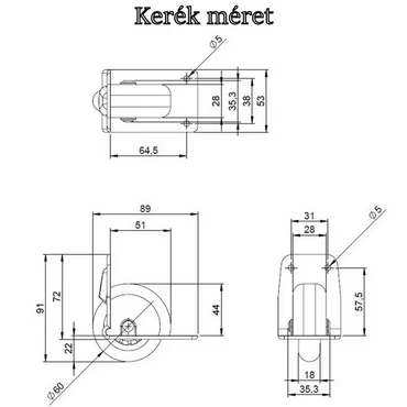 Bőrönd kerék 89x53x91 mm, fekete színben 1