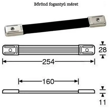 Bőrönd fogantyú 254x28x11mm, fekete-nikkel színben KE3424