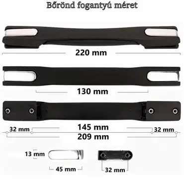 Bőrönd fogantyú 220x25x18mm, fekete-ezüst színben FO8120