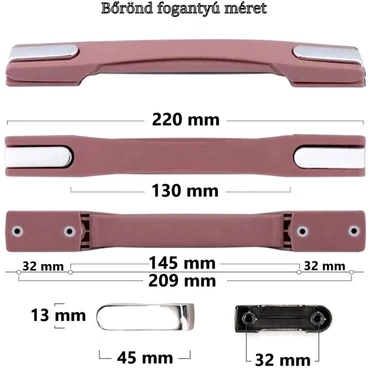 Bőrönd fogantyú 220x25x20mm, rózsaarany-ezüst színben 1