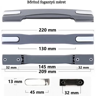 Bőrönd fogantyú 220x25x20mm, szürke-ezüst színben 1