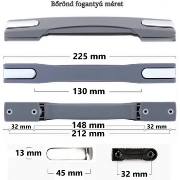 Bőrönd fogantyú 225x25x20mm, szürke-ezüst színben KÉ8128