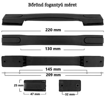 Bőrönd fogantyú 220x25x20mm, fekete színben FO8129