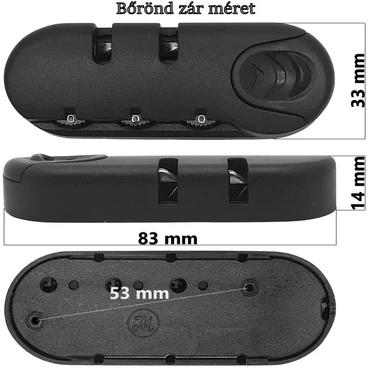 Bőrönd számzár 83x33x14 mm, fekete színben ZA015