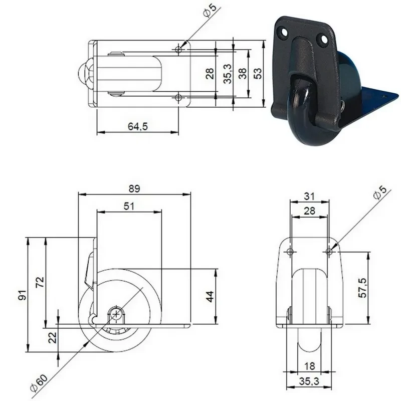 Bőrönd kerék 89x53x91 mm, fekete színben