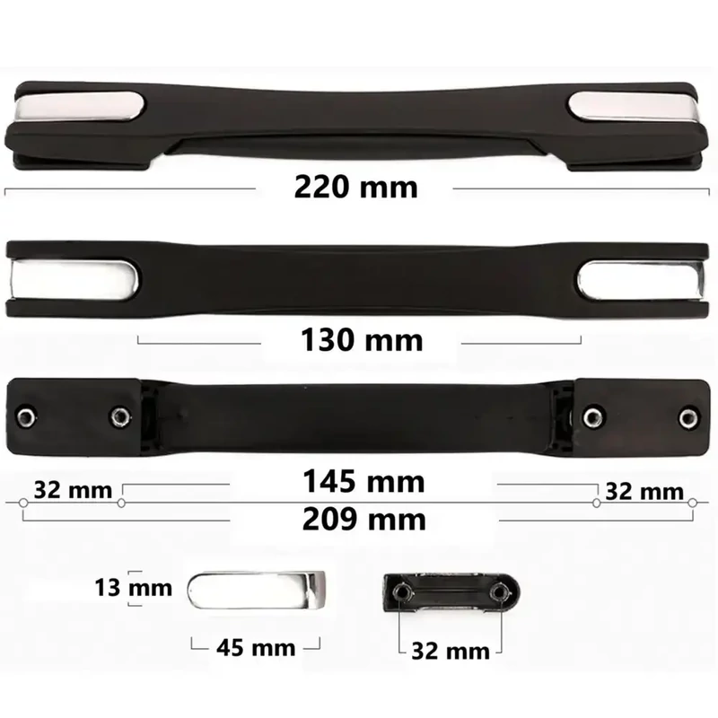 Bőrönd fogantyú 220x25x18mm, fekete-ezüst színben