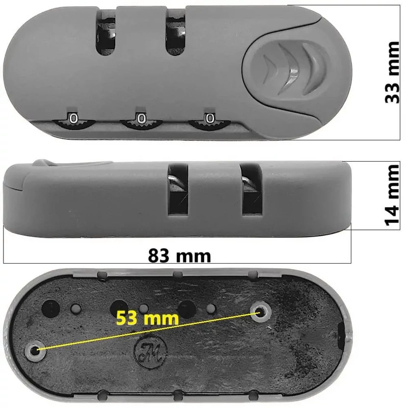 Bőrönd számzár 83x33x14 mm, szürke színben