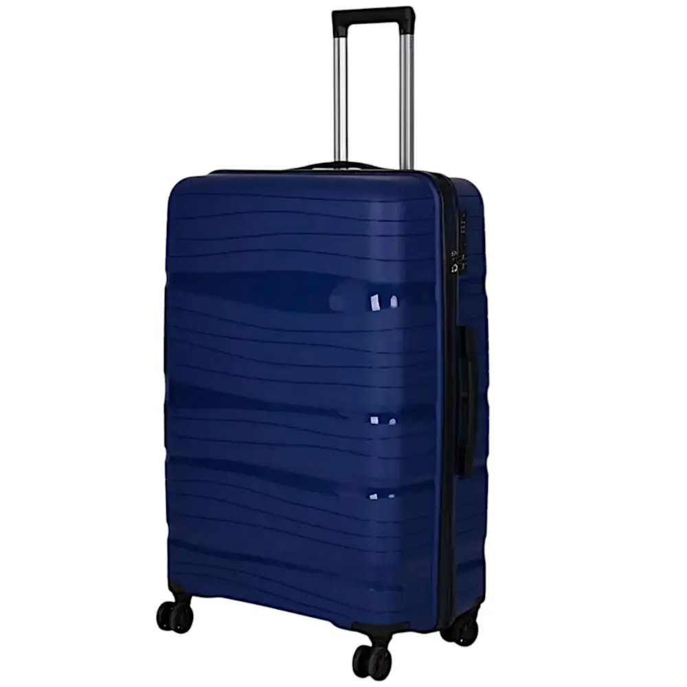 Strapabíró nagy méretű polipropilén bőrönd, duplakerekes, TSA zárral, kék színben