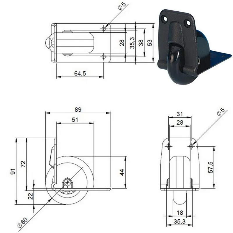 Bőrönd kerék 89x53x91 mm, fekete színben