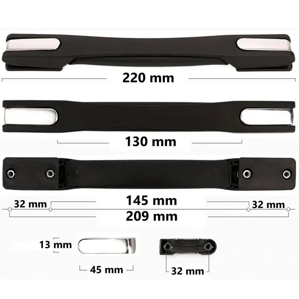 Bőrönd fogantyú 220x25x18mm, fekete-ezüst színben